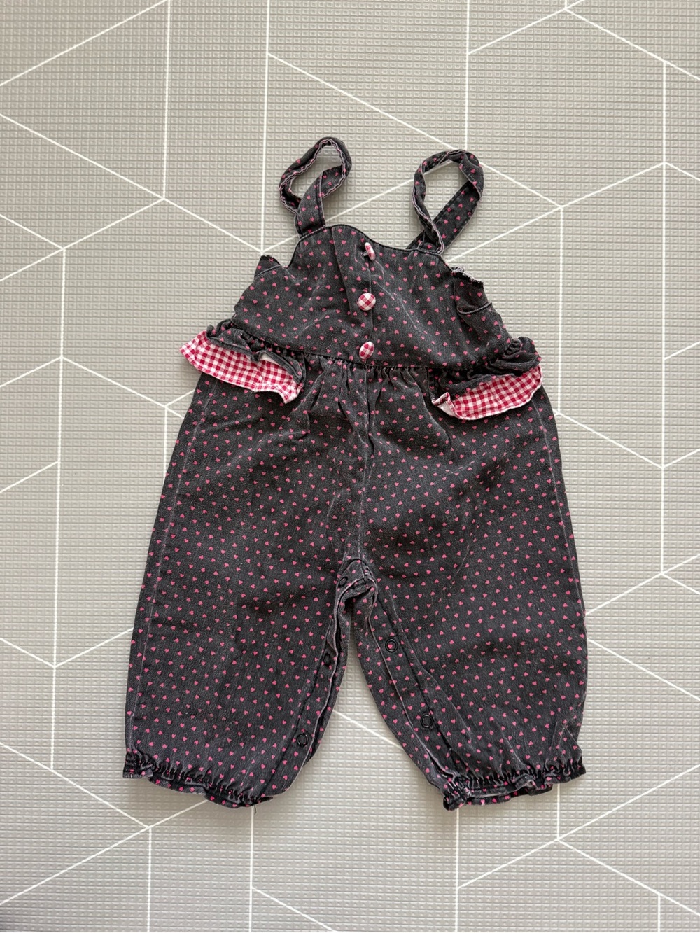 Eclipse|VINTAGE Baby girl/toddler Gray Black & Pink Ditsy Heart jumpsuit overall